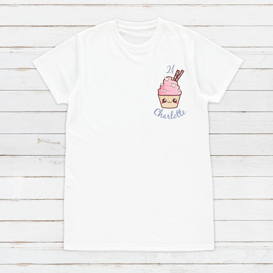 Birthday Custom Name Cupcake T Shirt Kawaii Cute Pocket Print Personalised Your Message Text Anime Manga Men's Women's Graphic Printed Tee