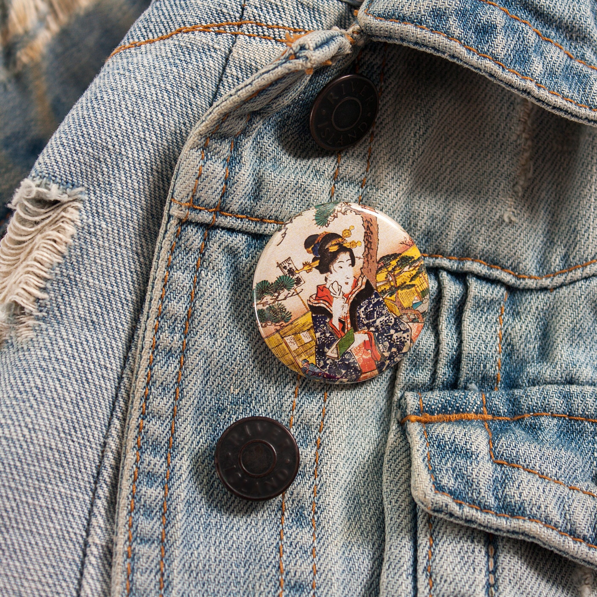 Japanese Badges Ukiyo-e Art Woodblock Print Aesthetic Pin Button Badge Gift Set Geisha Tattoo Kanagawa Wave Maiko Cherry Blossom Pastel Goth
