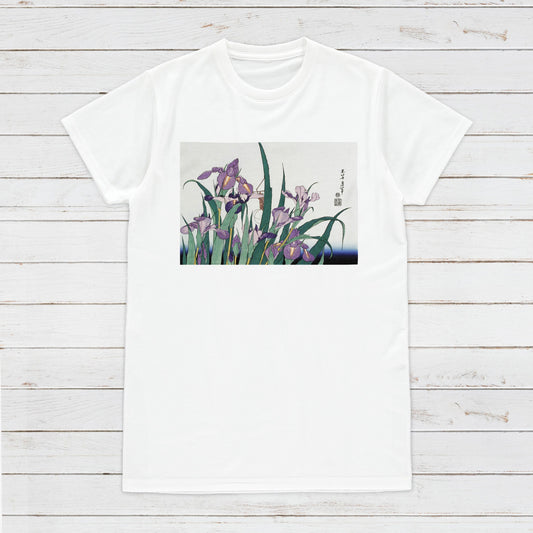 Japanese Ukiyo-e T Shirt Woodblock Art Hokusai Iris Garden Flowers Print Japan Kanji Calligraphy Gifts Womens Mens Graphic Printed Tee Top