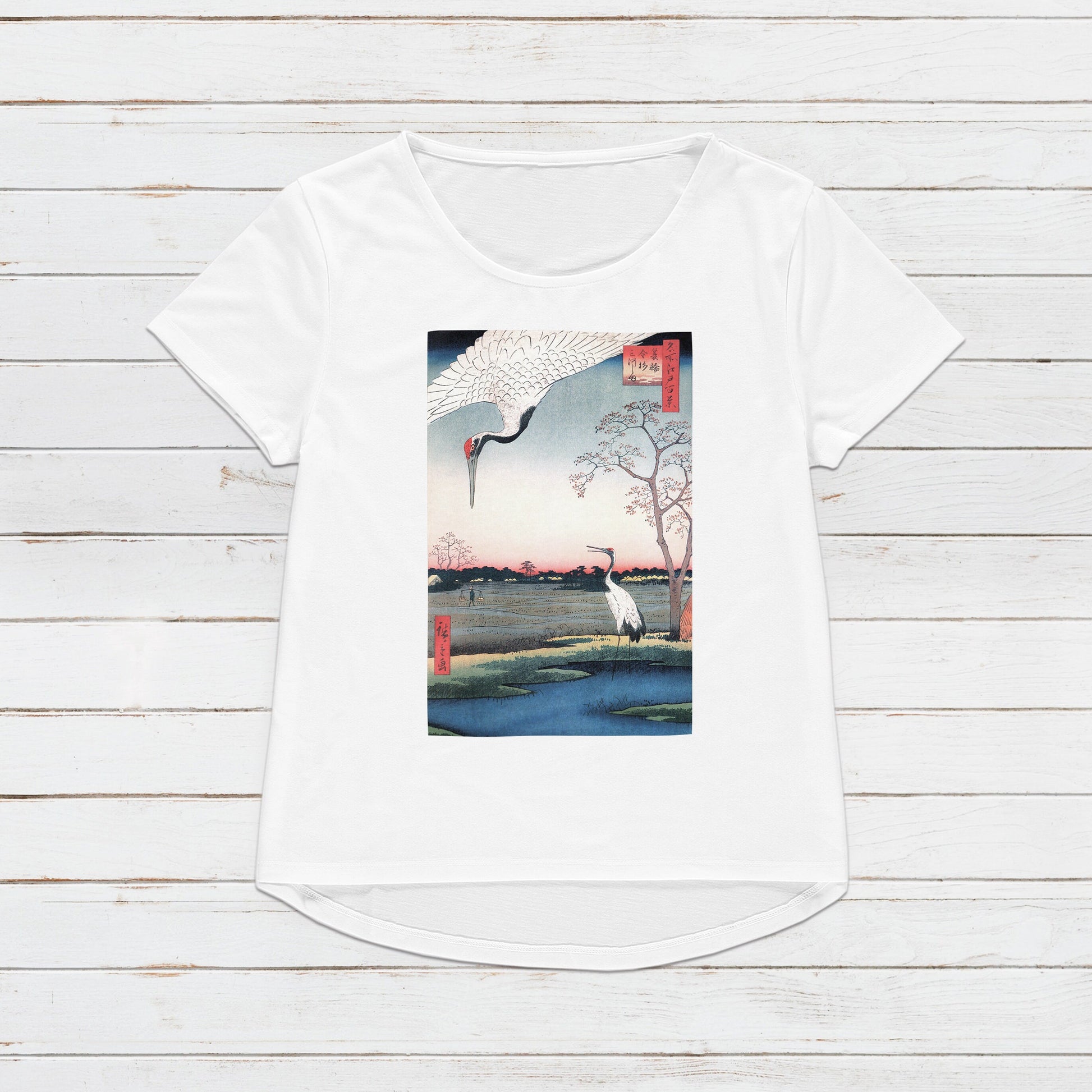 Japanese Ukiyo-e T Shirt Woodblock Art Crane Bird Edo Hiroshige Utagawa Traditional Kanji Japan Calligraphy Womens Mens Graphic Printed Tee