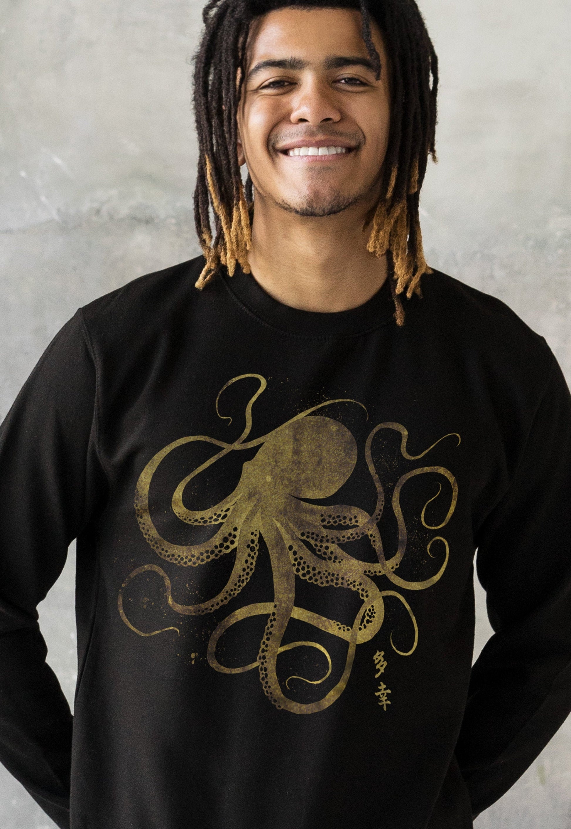 Octopus Japanese Calligraphy Sweatshirt Gyotaku Traditional Ukiyo-e Japan Kanji Anime Manga Kyoto Gift Kawaii Printed Womens Mens Jumper Top