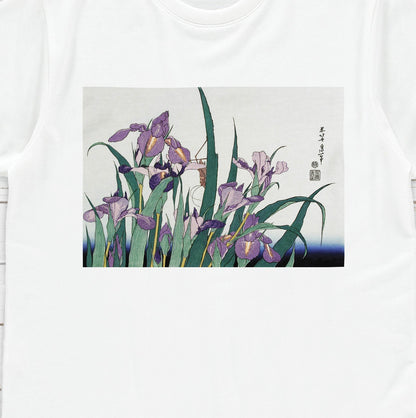 Japanese Ukiyo-e T Shirt Woodblock Art Hokusai Iris Garden Flowers Print Japan Kanji Calligraphy Gifts Womens Mens Graphic Printed Tee Top