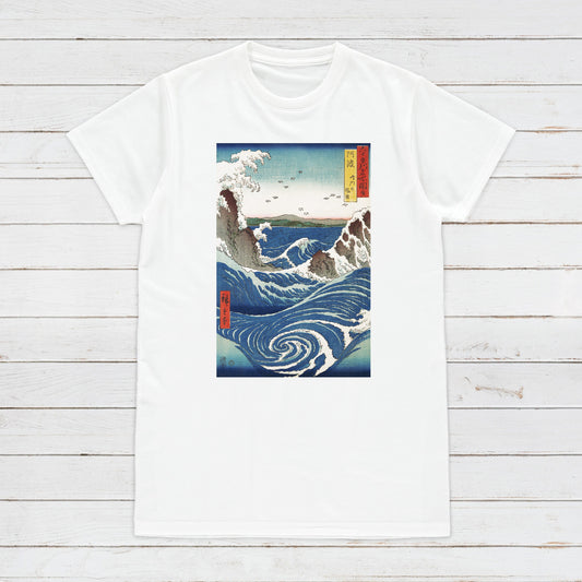 Japanese Ukiyo-e T Shirt Woodblock Art Hiroshige Awa Province Naruto Whirpools Print Japan Kanji Calligraphy Gifts Womens Mens Printed Tee