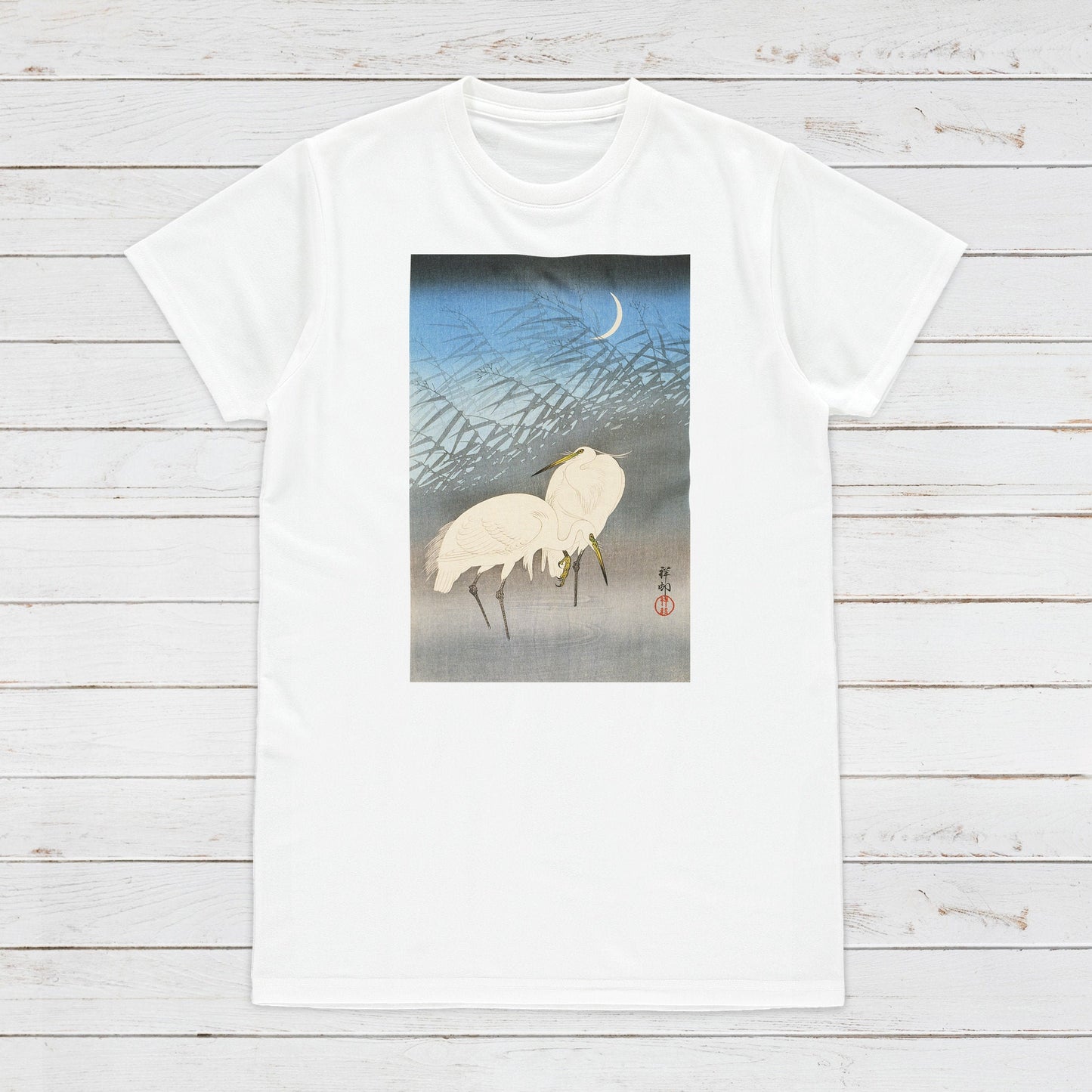 Japanese Ukiyo-e T Shirt Woodblock Art Ohara Koson Shoson Flowers Bird Egrets Traditional Kanji Calligraphy Womens Mens Graphic Printed Tee
