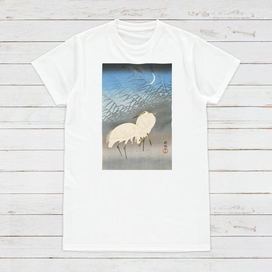 Japanese Ukiyo-e T Shirt Woodblock Art Ohara Koson Shoson Flowers Bird Egrets Traditional Kanji Calligraphy Womens Mens Graphic Printed Tee