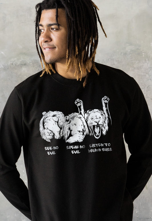 Drum and Bass Lions Sweatshirt See Hear Speak No Evil Jungle Massive Junglist DJ Synth Dreadlocks Music Producer Sweater Pullover Jumper Top