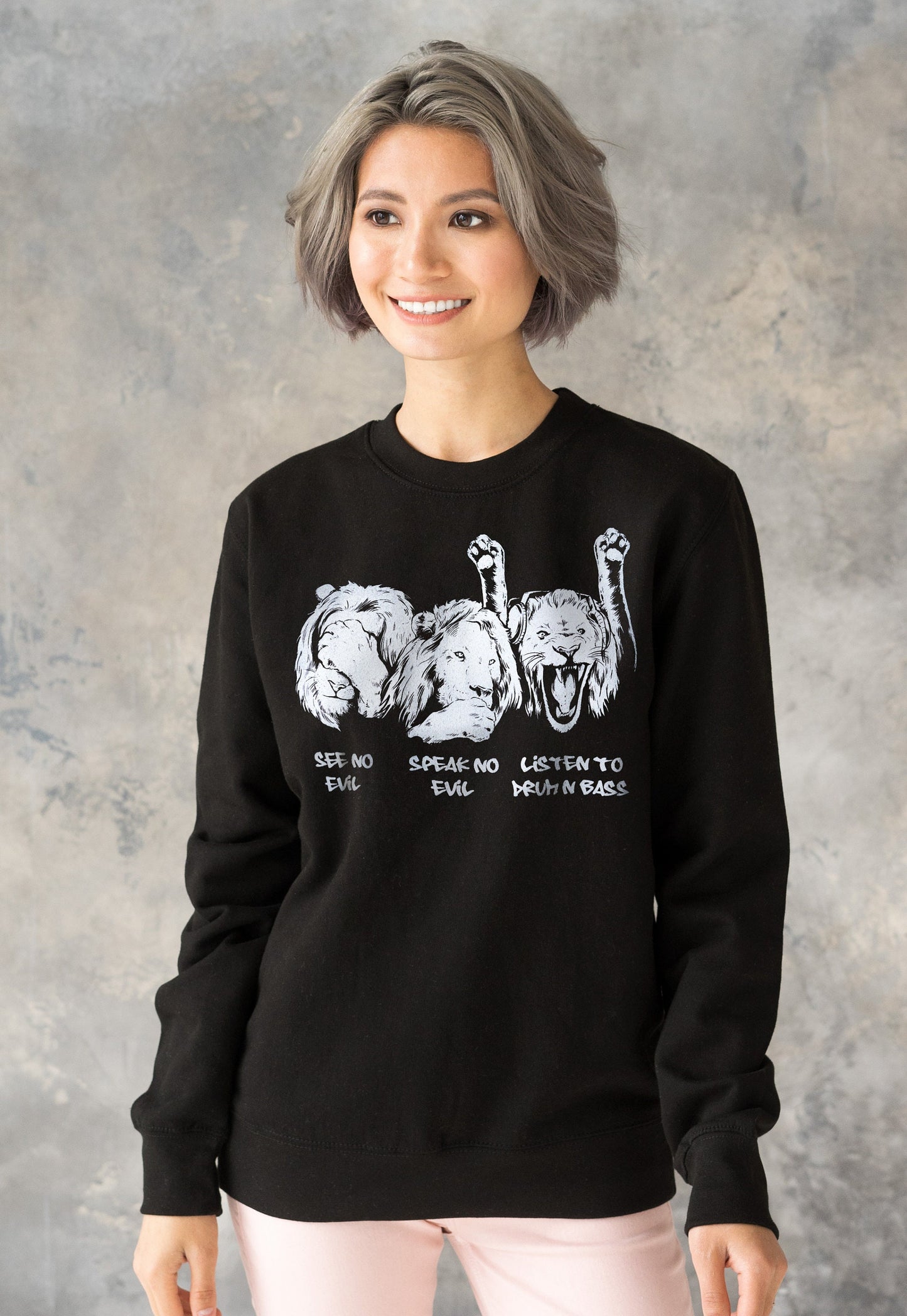 Drum and Bass Lions Sweatshirt See Hear Speak No Evil Jungle Massive Junglist DJ Synth Dreadlocks Music Producer Sweater Pullover Jumper Top
