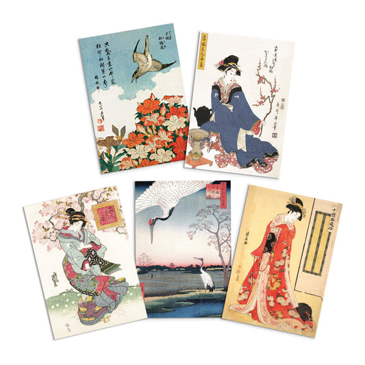 Japanese Ukiyo-e Art Greeting Cards Birthday Card Set of Five Bundle Valentines Woodblock Print Aesthetic Hiroshige Hokusai Haiku Elegant 5