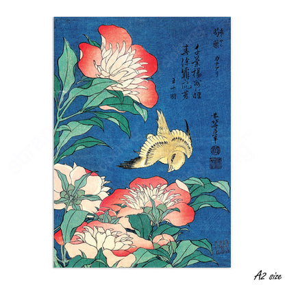 Japanese Ukiyo-e Art Print Poster Woodblock Wall Decor Hokusai Flower Floral Peonies Canary Bird Tattoo Beautiful Japan Calligraphy Haiku