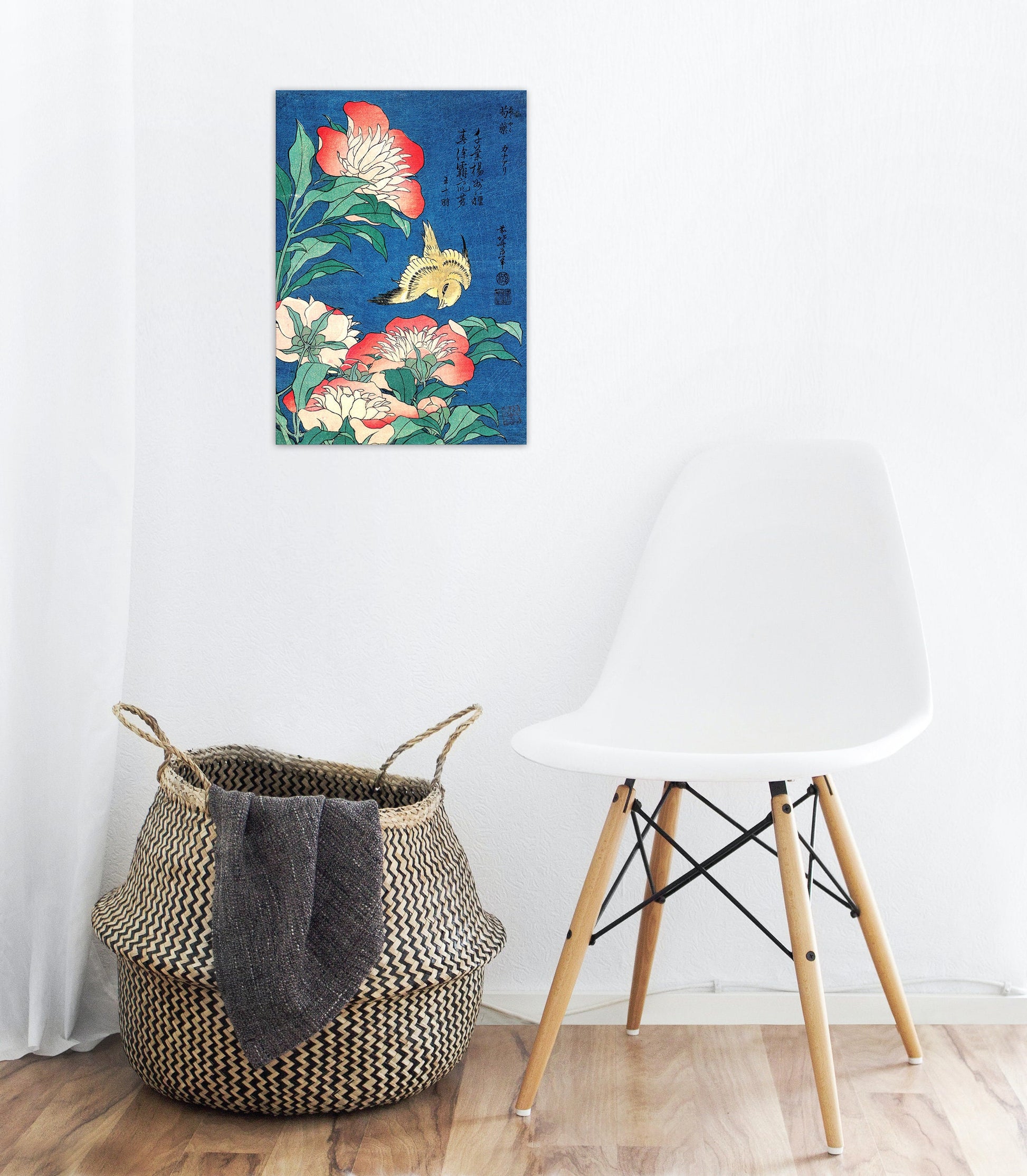 Japanese Ukiyo-e Art Print Poster Woodblock Wall Decor Hokusai Flower Floral Peonies Canary Bird Tattoo Beautiful Japan Calligraphy Haiku