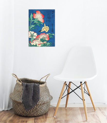 Japanese Ukiyo-e Art Print Poster Woodblock Wall Decor Hokusai Flower Floral Peonies Canary Bird Tattoo Beautiful Japan Calligraphy Haiku