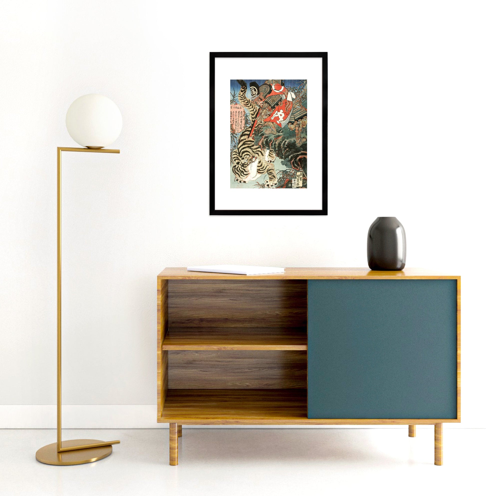 Japanese Samurai Art Print Poster Woodblock Ukiyo-e Style Framed Mounted Wall Samurai Watonai Tiger Sword Monster Calligraphy Bushido A3 A2
