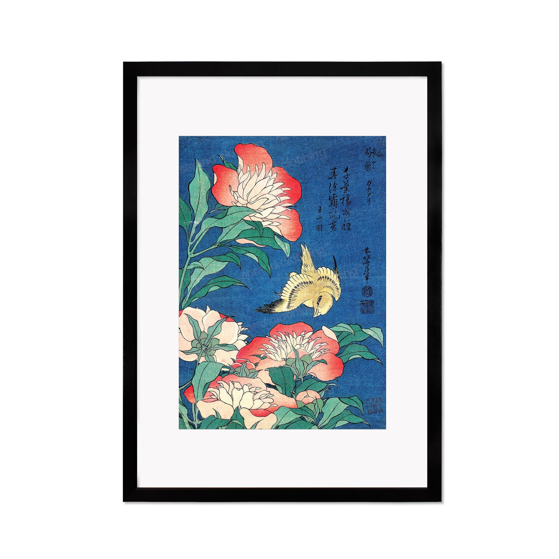 Japanese Art Print Poster Woodblock Ukiyo-e Framed Mounted Wall Hokusai Flower Floral Peonies Canary Bird Tattoo Beautiful Calligraphy A2 A3