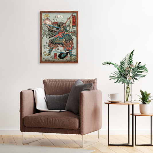 Japanese Samurai Art Print Poster Woodblock Ukiyo-e Framed Mounted Wall Warrior Armour Sword Katana Tattoo Calligraphy Archery A2 Large Size