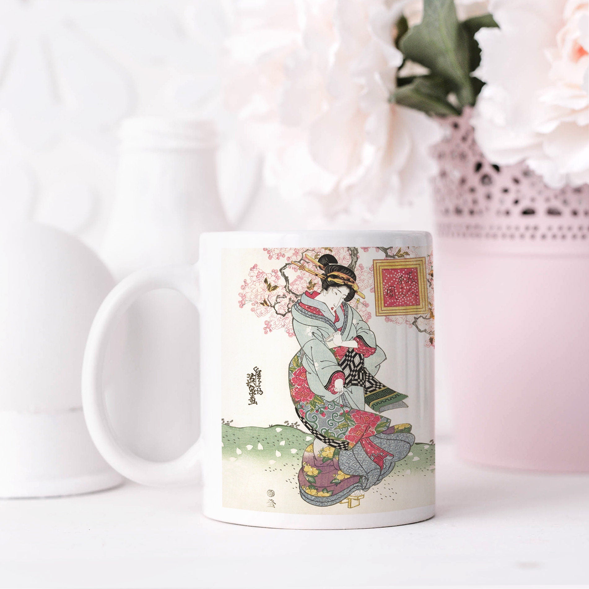 Japanese Ukiyo-e Art Mug Cup with a Box Boxed Woodblock Print Keisai Eisen Bijin Geisha Maiko Kimono Beautiful Cute Kawaii Japan Gift