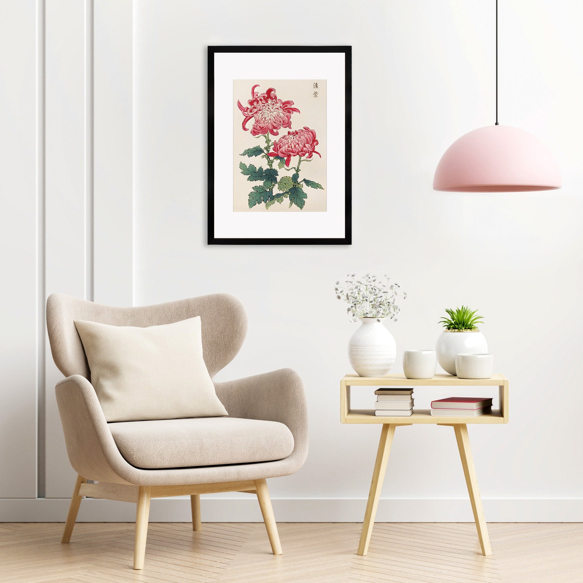 Framed Mounted Japanese Ukiyo-e Wall Art Print Poster Woodblock Keika Hasegawa Chrysanthemums Flowers Landscape Tattoo Beautiful Calligraphy