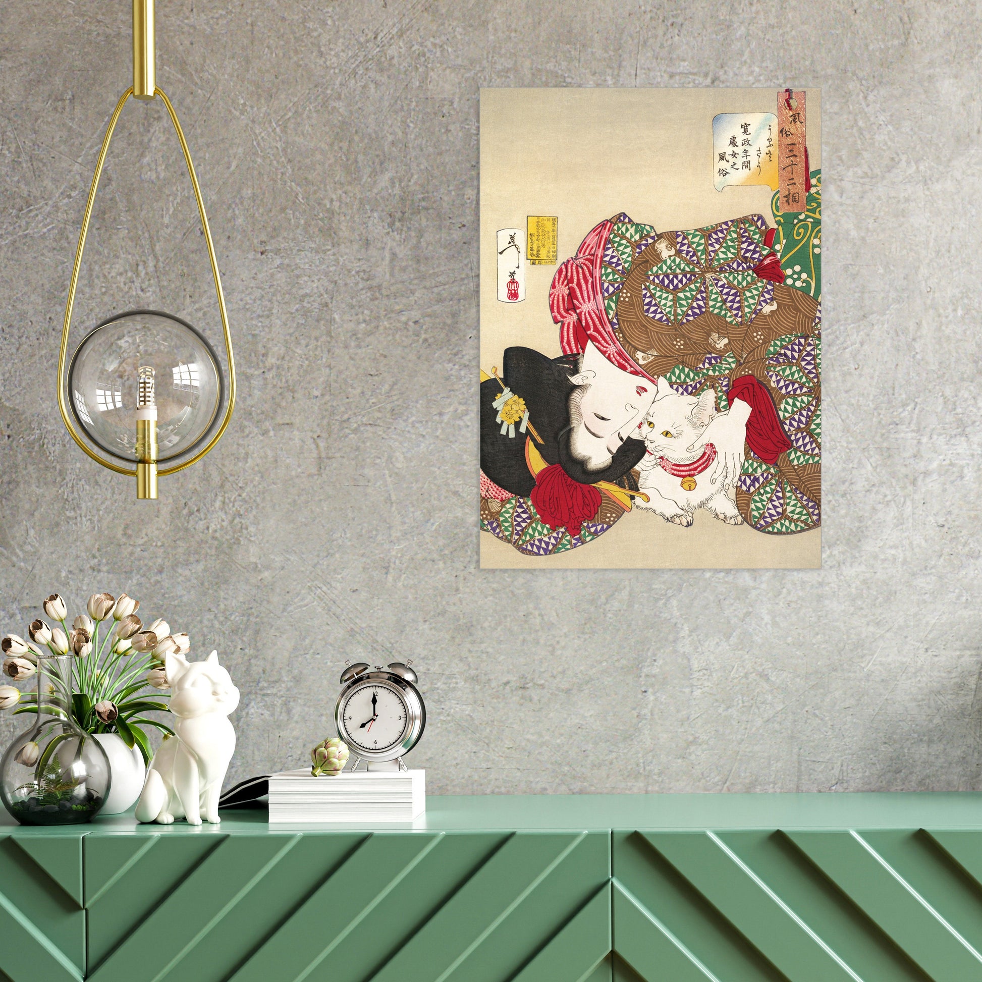 Japanese Ukiyo-e Art Print Poster Woodblock Wall Art Yoshitoshi Kyoto Geisha Maiko Cat Neko Kimono Tattoo Cute Beautiful Japan Calligraphy