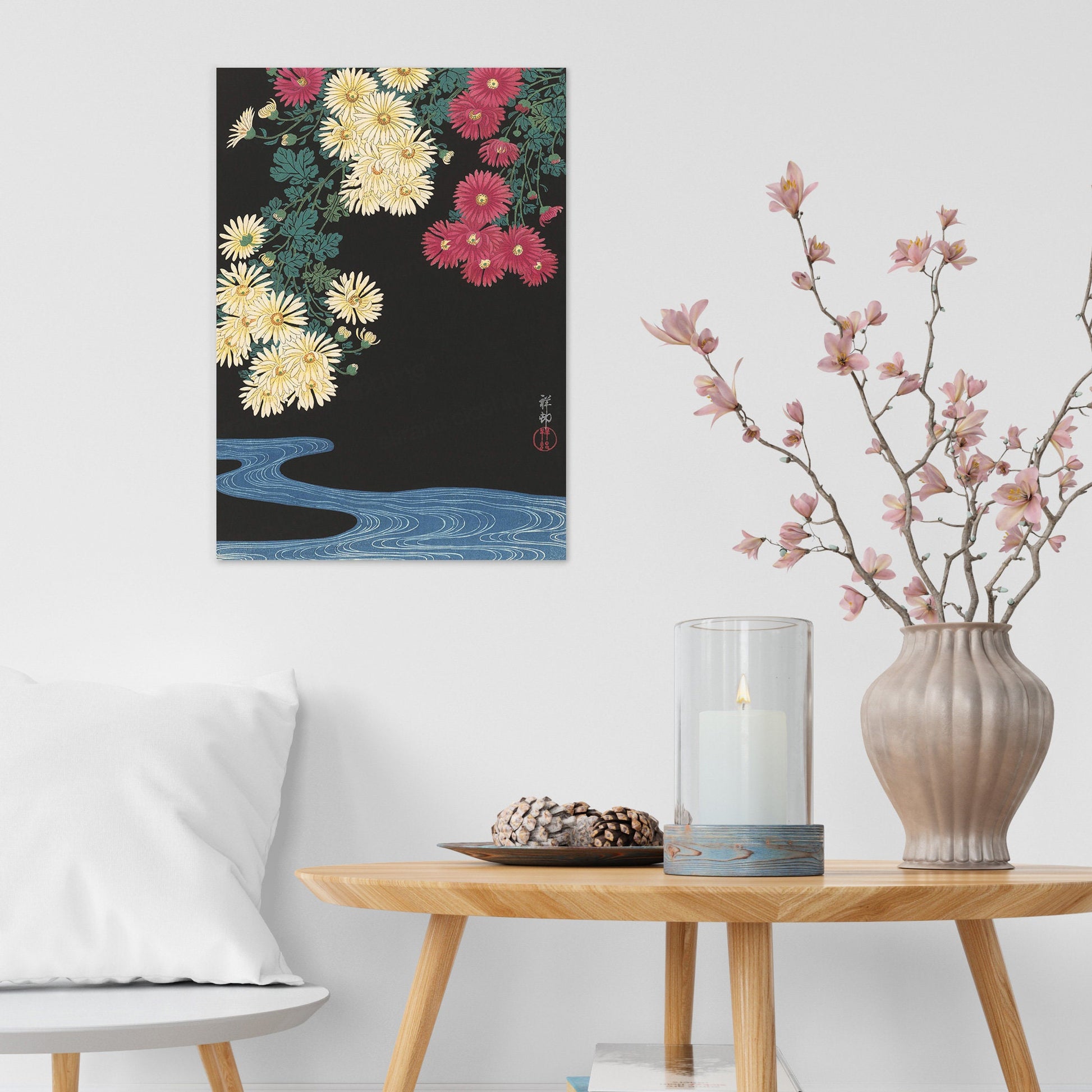 Japanese Ukiyo-e Art Print Poster Woodblock Wall Art Koson Shoson Flowers Chrysanthemums and Running Water Beautiful Japan Kachō-e Nature A3