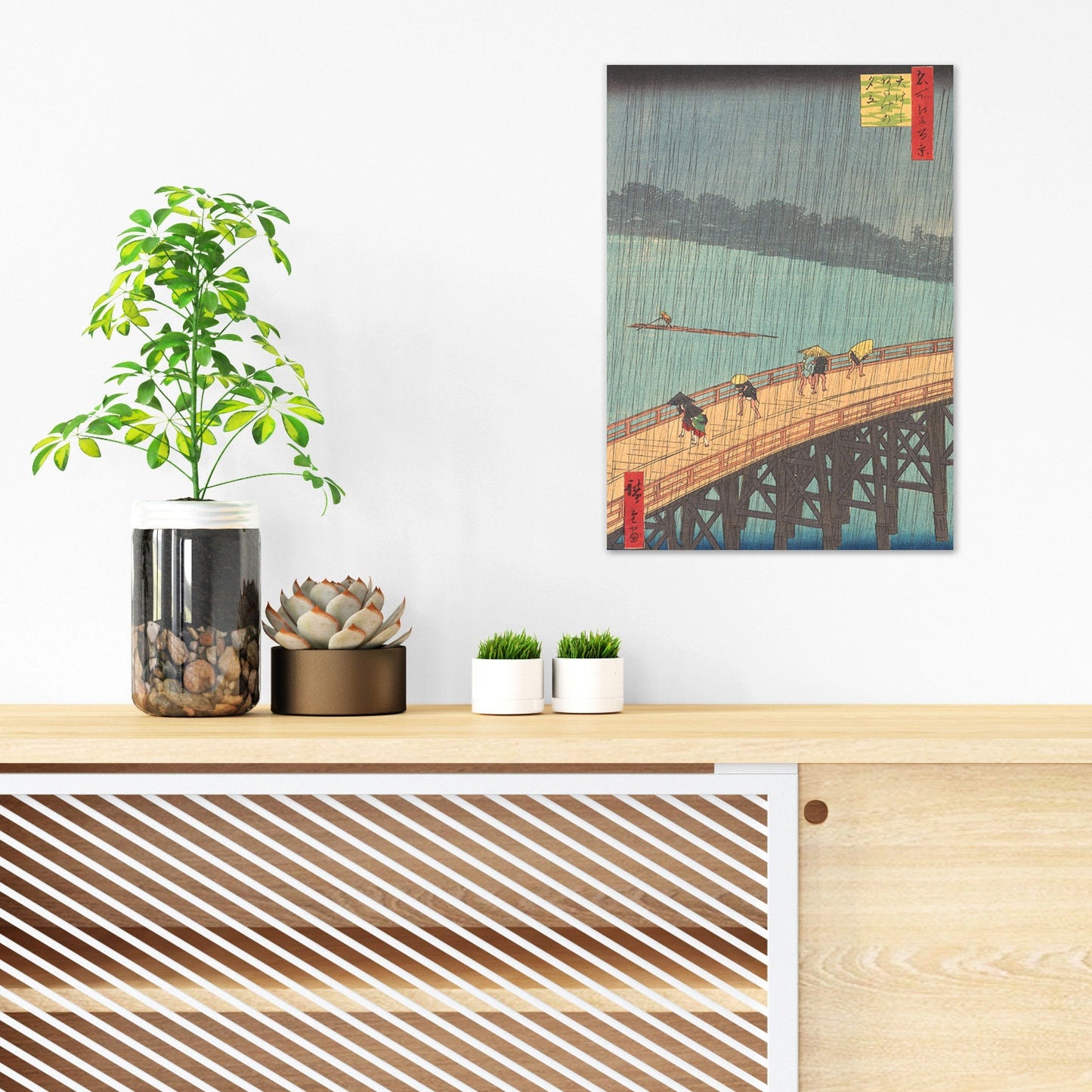 Japanese Ukiyo-e Art Print Poster Woodblock Wall Art Hiroshige Sudden Shower over Shin-Ohashi Bridge and Atake Rain Beautiful Calligraphy A3