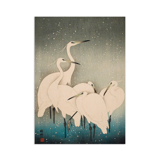 Japanese Ukiyo-e Art Print Poster Woodblock Wall Art Koson Shoson Heron Crane Egret Bird Tattoo Beautiful Kacho-e Calligraphy Nature Calm A3