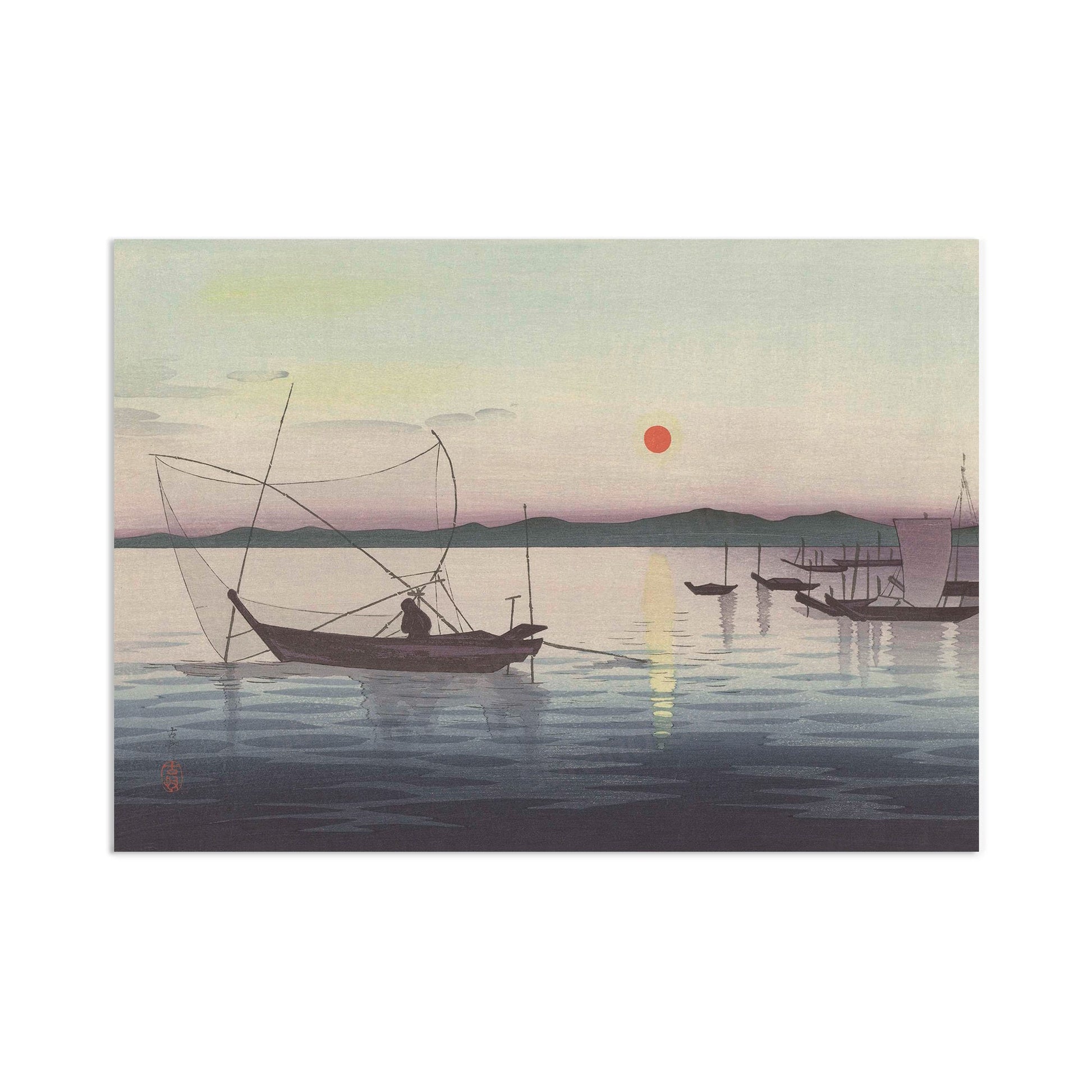 Japanese Ukiyo-e Art Print Poster Woodblock Wall Koson Shoson Boats and Setting Sun Sunset Ship Sea Ocean Landscape Seascape Beautiful A3