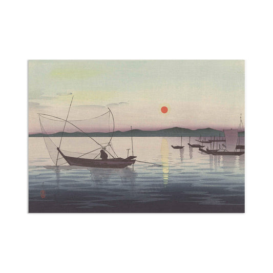 Japanese Ukiyo-e Art Print Poster Woodblock Wall Koson Shoson Boats and Setting Sun Sunset Ship Sea Ocean Landscape Seascape Beautiful A3