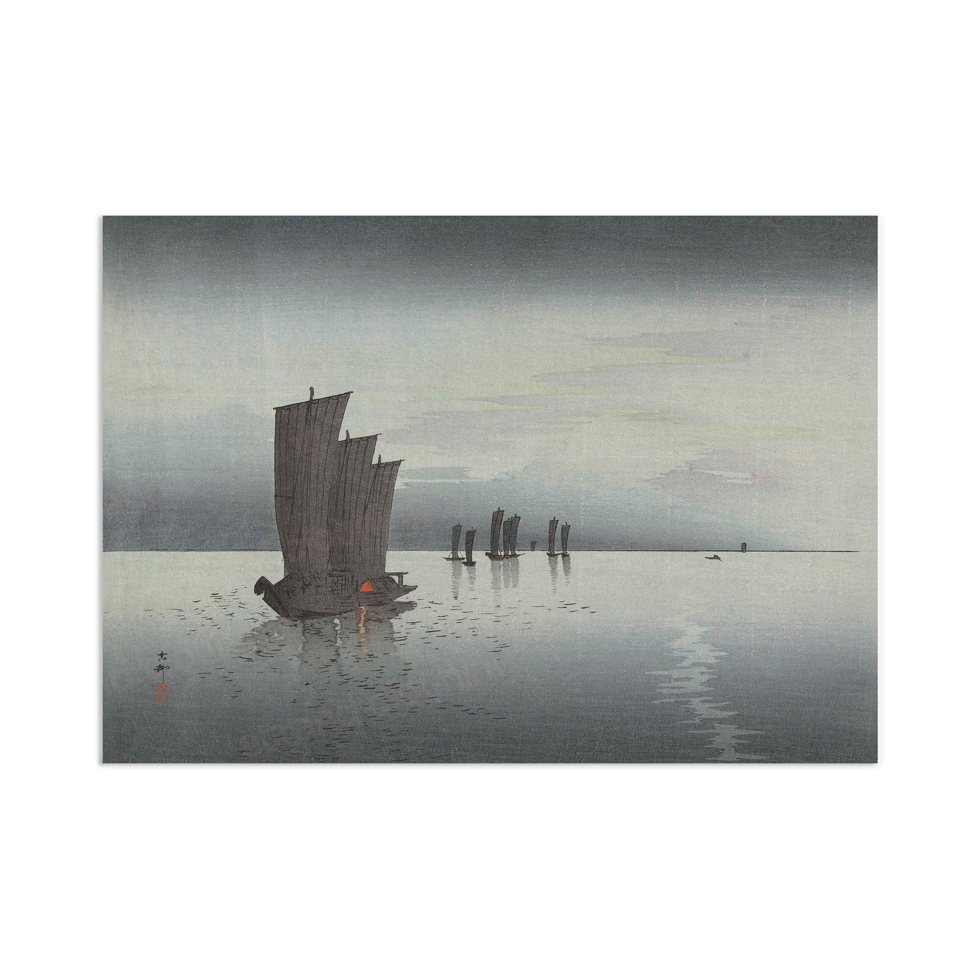 Japanese Ukiyo-e Art Print Poster Woodblock Wall Koson Shoson Sail Boats Night Yacht Sunset Ship Sea Ocean Landscape Seascape Beautiful A3