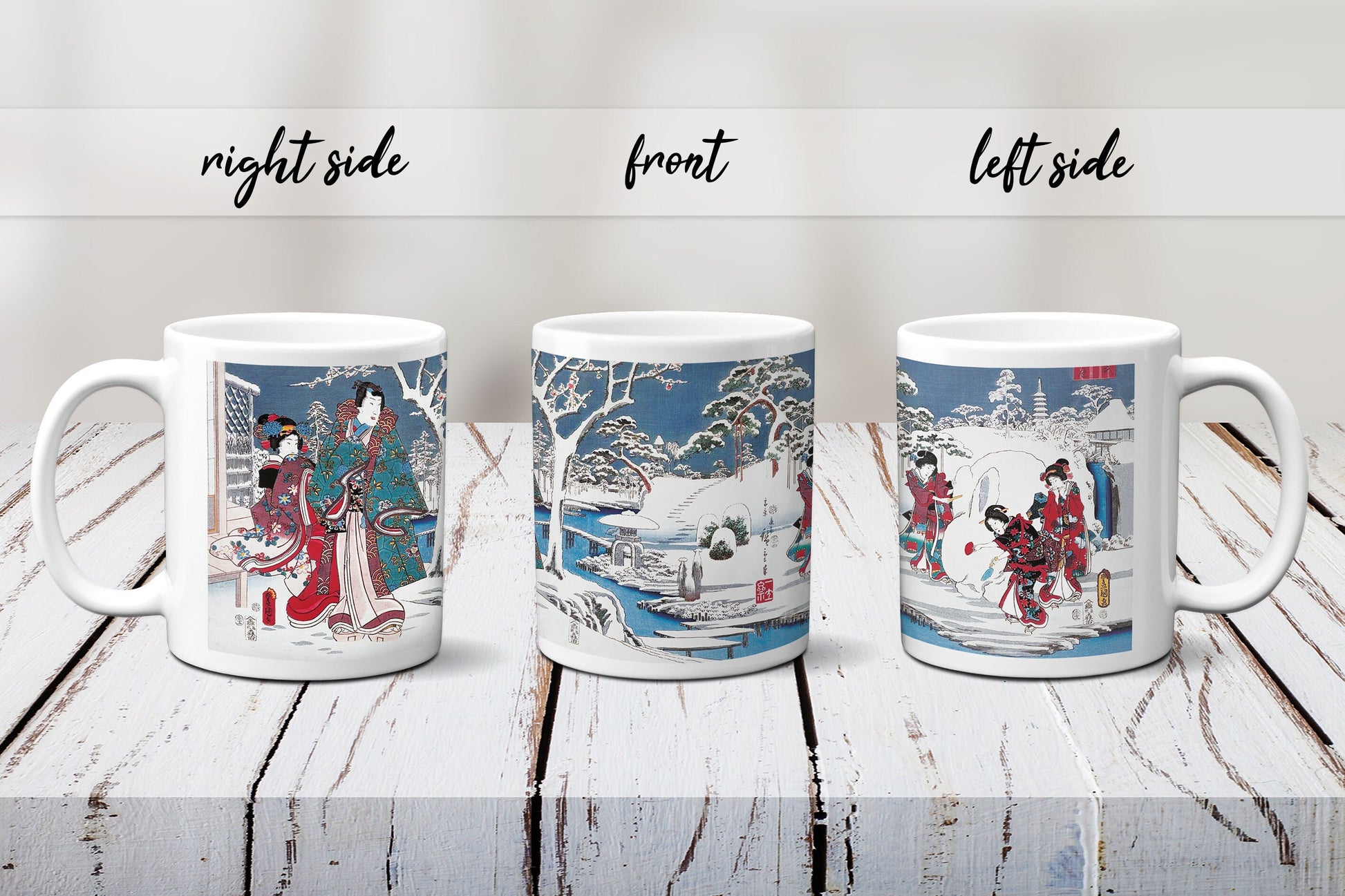 Japanese Ukiyo-e Art Mug Cup with a Box Boxed Woodblock Print Hiroshige Kunisada Prince Genji Geisha Maiko Snow Snowman Beautiful Japan Gift