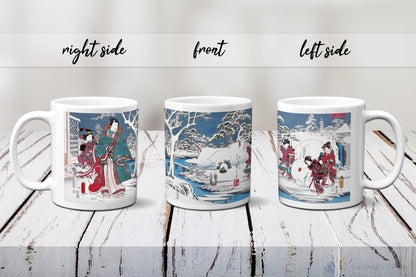 Japanese Ukiyo-e Art Mug Cup with a Box Boxed Woodblock Print Hiroshige Kunisada Prince Genji Geisha Maiko Snow Snowman Beautiful Japan Gift