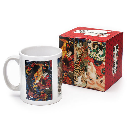 Japanese Ukiyo-e Art Mug Cup with Box Boxed Woodblock Print Utagawa Kuinyoshi Octopus Tiger Koi Carp Samurai Warrior Monster Japan Gift Set