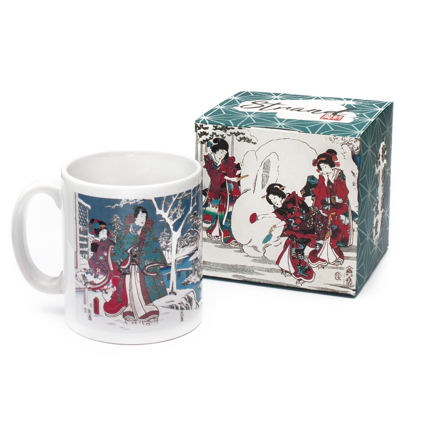 Japanese Ukiyo-e Art Mug Cup with a Box Boxed Woodblock Print Hiroshige Kunisada Prince Genji Geisha Maiko Snow Snowman Beautiful Japan Gift