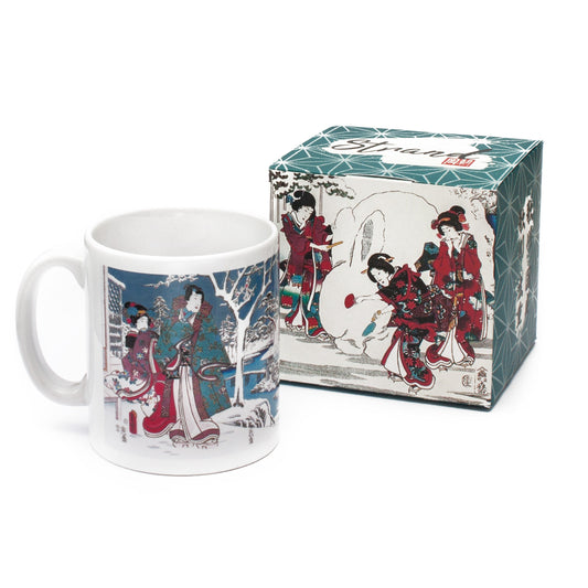 Japanese Ukiyo-e Art Mug Cup with a Box Boxed Woodblock Print Hiroshige Kunisada Prince Genji Geisha Maiko Snow Snowman Beautiful Japan Gift