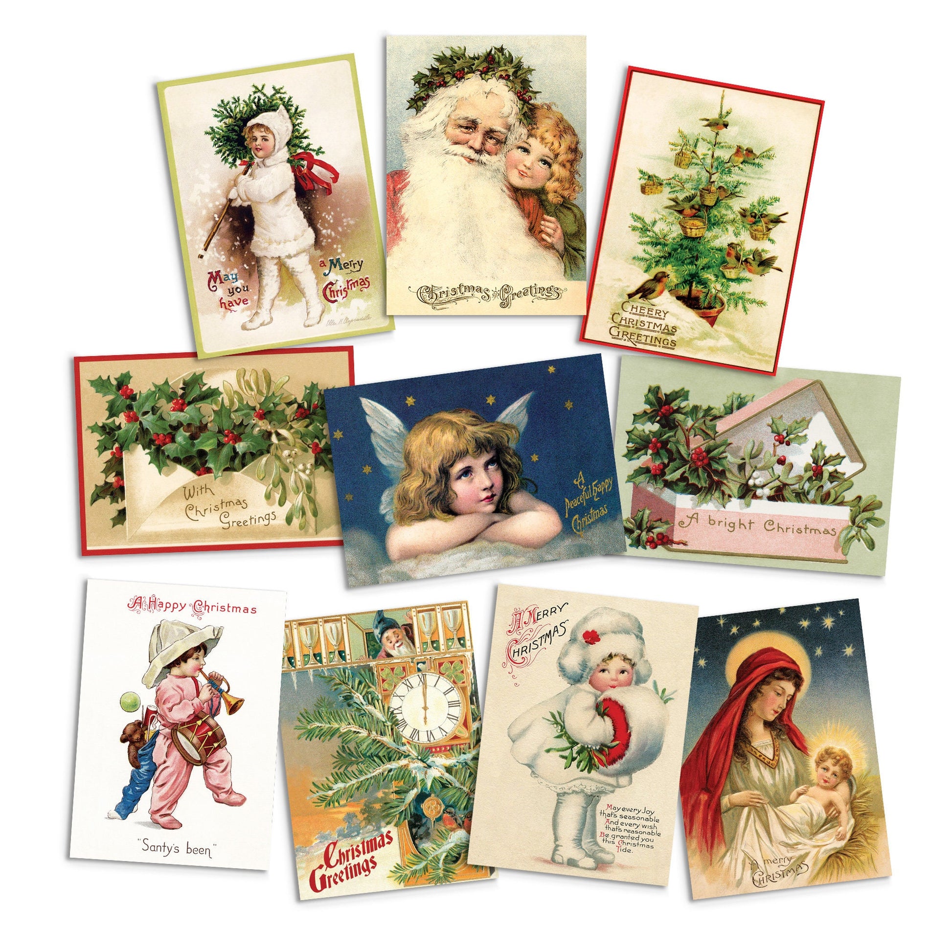 Victorian Greeting Cards Christmas Card Set of 10 Xmas Tree New Year Winter Edwardian English British Vintage Retro Santa Angel Cute Unique