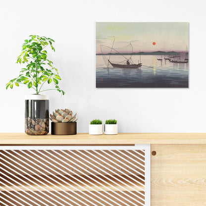 Japanese Ukiyo-e Art Print Poster Woodblock Wall Koson Shoson Boats and Setting Sun Sunset Ship Sea Ocean Landscape Seascape Beautiful A3