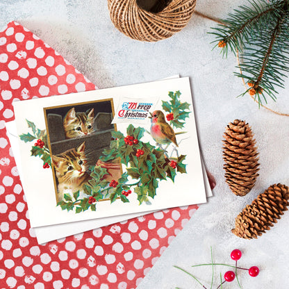 Victorian Greeting Cards Christmas Card Set Xmas Tree New Year Winter Edwardian English British Vintage Retro Santa Robin Cats Kittens Cute