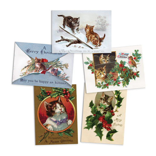 Victorian Greeting Cards Christmas Card Set Xmas Tree New Year Winter Edwardian English British Vintage Retro Santa Robin Cats Kittens Cute