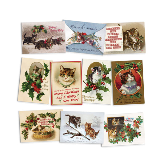 Victorian Greeting Cards Christmas Card Set of 10 Xmas Tree New Year Winter Adorable English British Vintage Retro Santa Cats Kittens Cute
