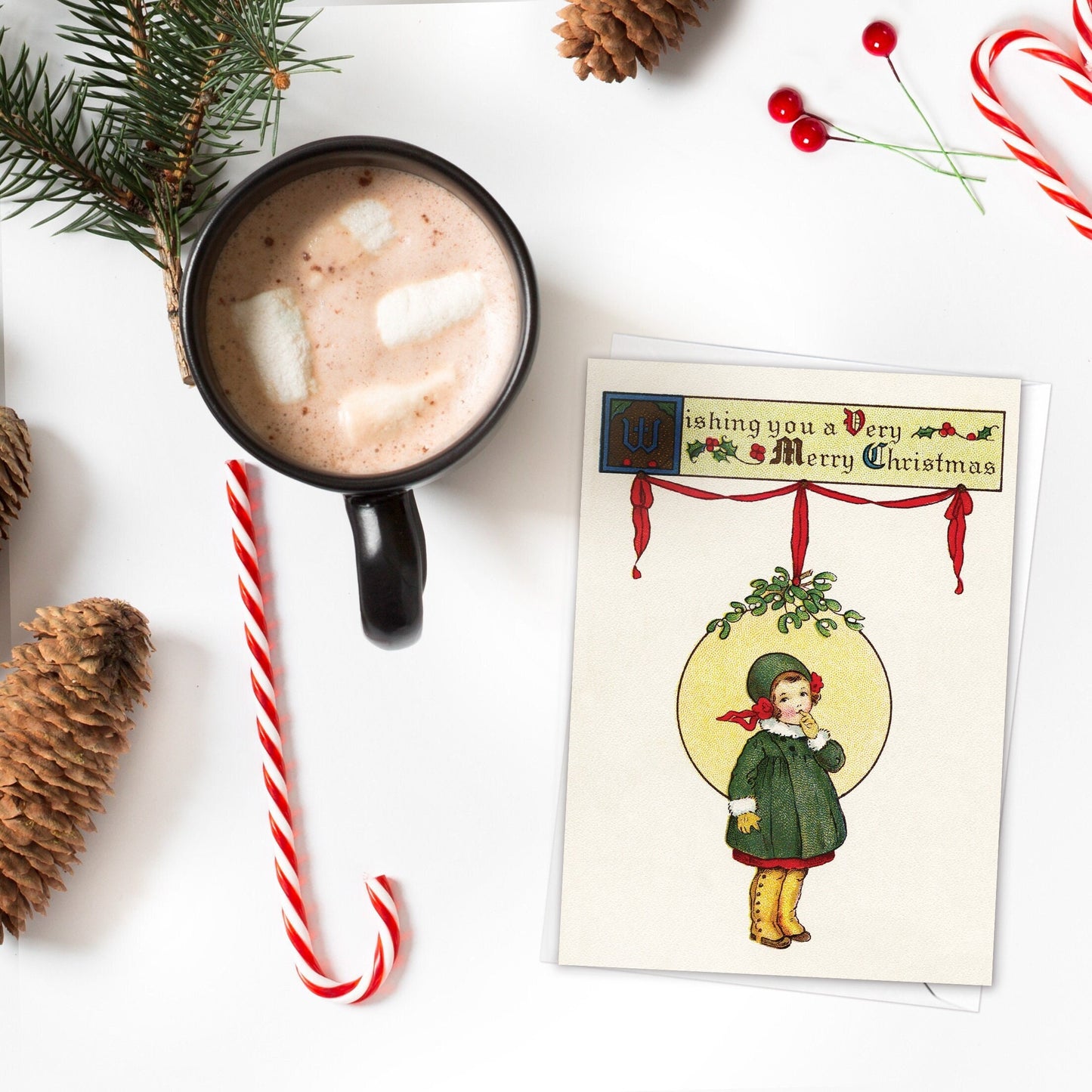 Victorian Greeting Cards Christmas Card Xmas Tree New Year Winter Edwardian British Vintage Old Retro Santa Girl Mistletoe Cute - M03