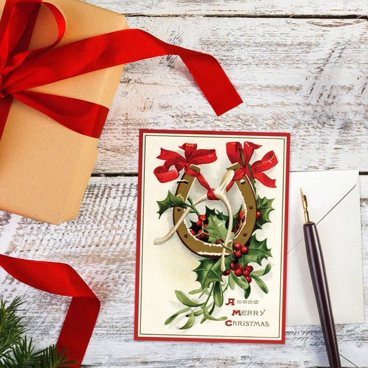 Victorian Greeting Cards Christmas Card Xmas Tree New Year Winter Edwardian Vintage Old Retro Santa Wishbone Horseshoe Lucky Family - H77