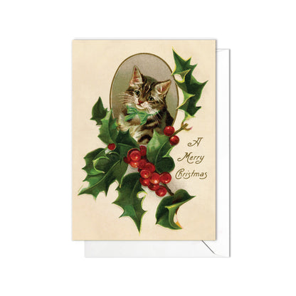 Victorian Greeting Cards Christmas Card Set Xmas Holly Tree New Year Winter Edwardian Vintage Retro Cats Kitten Kawaii Kitsch Cute - H11