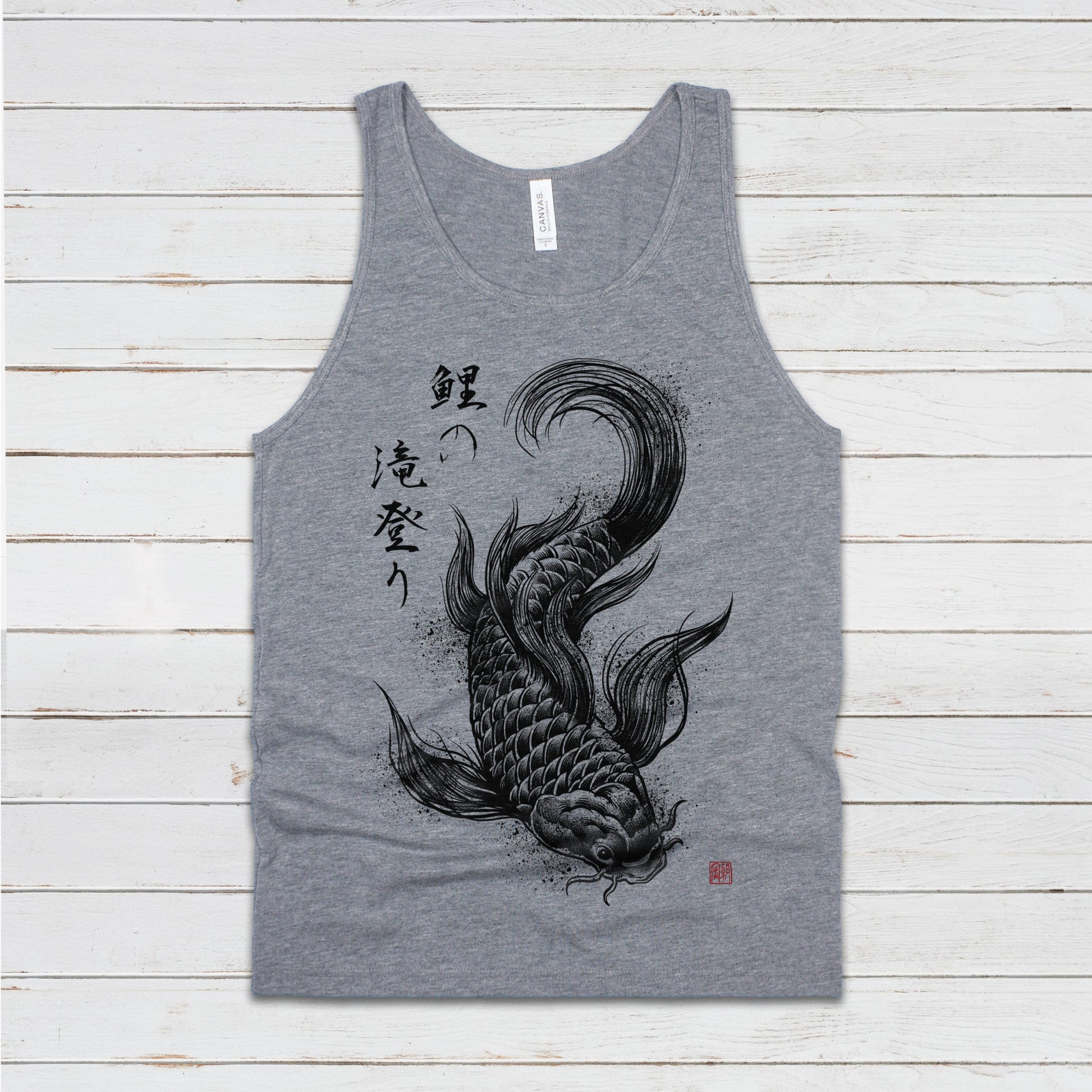 Koi Carp Japanese Calligraphy Tank Top Gyotaku Traditional Art Ukiyo-e Japan Kanji Anime Manga Kyoto Kawaii Womens Men Printed Vest Cami Tee