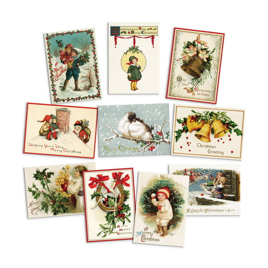 Victorian Greeting Cards Christmas Card Set of 10 Xmas Tree New Year Winter Edwardian English British Vintage Retro Santa Angel Cute Quirky