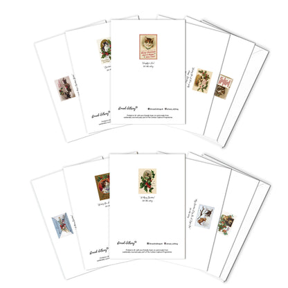 Victorian Greeting Cards Christmas Card Set of 10 Xmas Tree New Year Winter Adorable English British Vintage Retro Santa Cats Kittens Cute