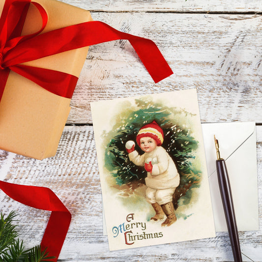 Victorian Greeting Cards Christmas Card Xmas Tree New Year Winter Edwardian Vintage Old Retro Santa Snowball Fight Child Cute Kawaii - B05