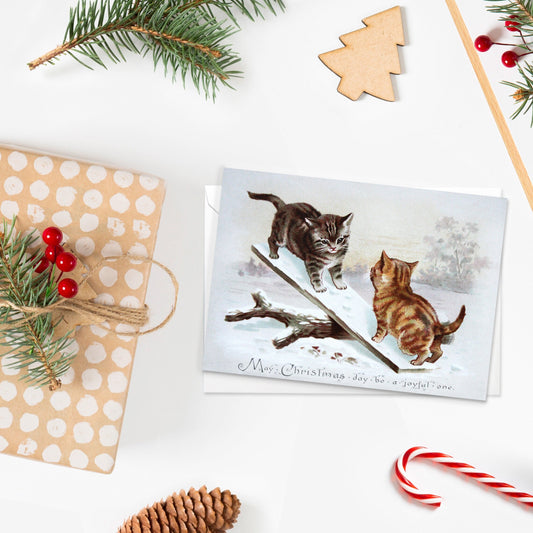 Victorian Greeting Cards Christmas Card Set Xmas Tree New Year Winter Edwardian Vintage Antique Retro Cats Kitten Kawaii Kitsch Cute - K25