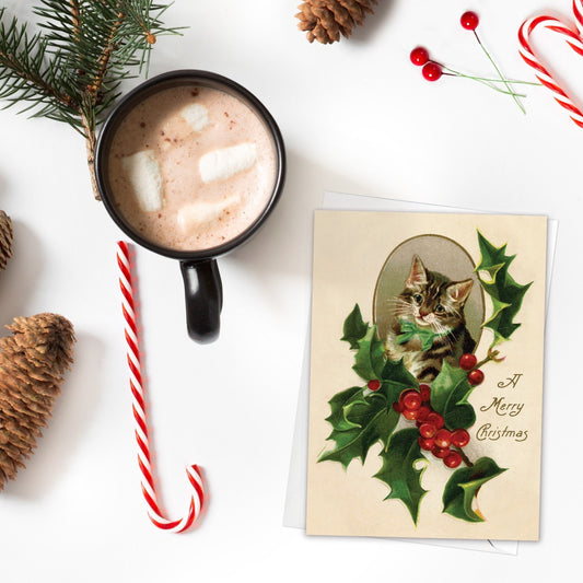 Victorian Greeting Cards Christmas Card Set Xmas Holly Tree New Year Winter Edwardian Vintage Retro Cats Kitten Kawaii Kitsch Cute - H11