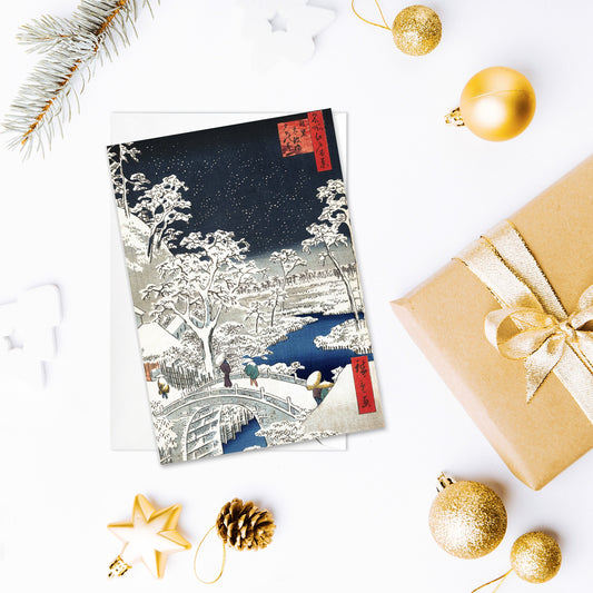 Japanese Ukiyo-e Art Greeting Card Christmas Xmas New Year Winter Woodblock Print Aesthetic Hiroshige Beautiful Basho Elegant Luxury - M80