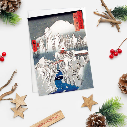 Japanese Ukiyo-e Art Greeting Card Christmas Xmas New Year Winter Woodblock Print Aesthetic Hiroshige Beautiful Basho Elegant Luxury - M58
