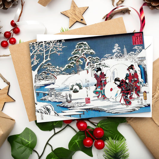 Japanese Ukiyo-e Art Greeting Card Christmas Xmas New Year Winter Woodblock Print Aesthetic Hiroshige Beautiful Basho Elegant Luxury - B38