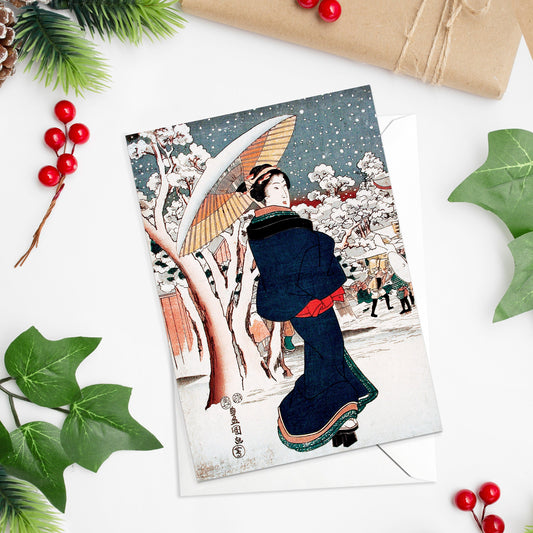 Japanese Ukiyo-e Art Greeting Card Christmas Xmas New Year Snow Woodblock Print Aesthetic Hiroshige Beautiful Basho Elegant Luxury - G86